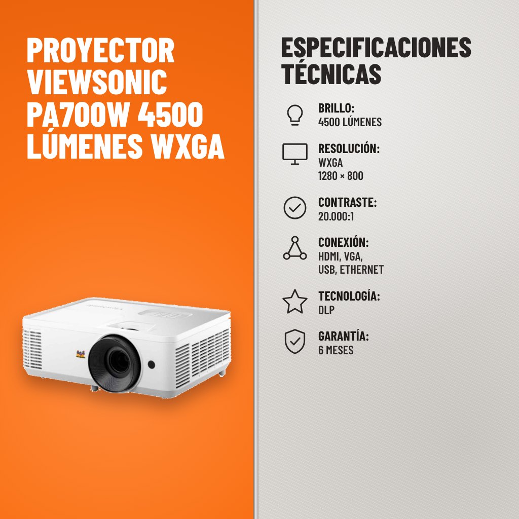 Especificaciones técnicas de Proyector ViewSonic PA700W 4500 Lúmenes WXGA