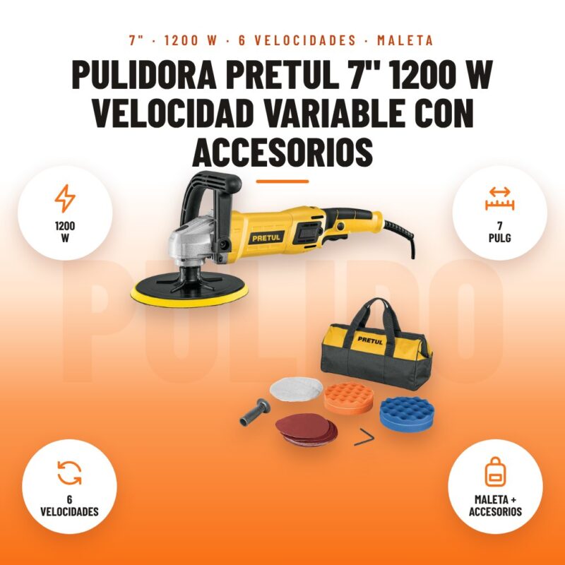 Pulidora Pretul 7" 1200 W Velocidad Variable con Accesorios: imagen promocional con 1200 w, 7 pulg, 6 velocidades, maleta + accesorios
