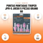 Puntas montadas Truper JPM-5 juego 5 piezas grano 60: imagen promocional con 5 piezas, grano 60, zanco 1/4", óxido de aluminio