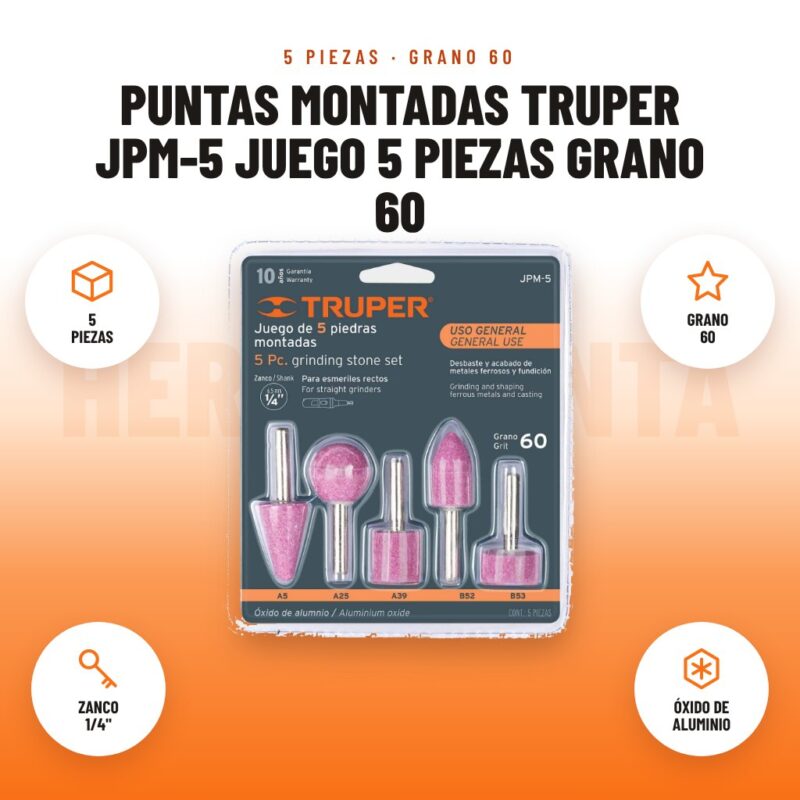 Puntas montadas Truper JPM-5 juego 5 piezas grano 60: imagen promocional con 5 piezas, grano 60, zanco 1/4", óxido de aluminio