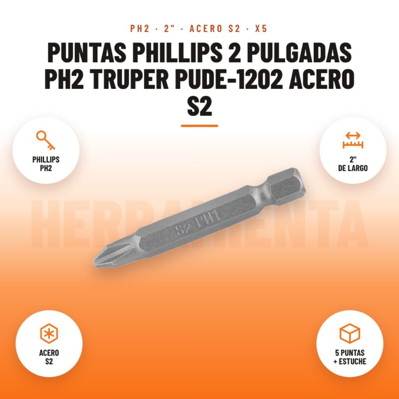Puntas Phillips 2 pulgadas PH2 Truper PUDE-1202 acero S2: imagen promocional con phillips ph2, 2" de largo, acero s2, 5 puntas + estuche
