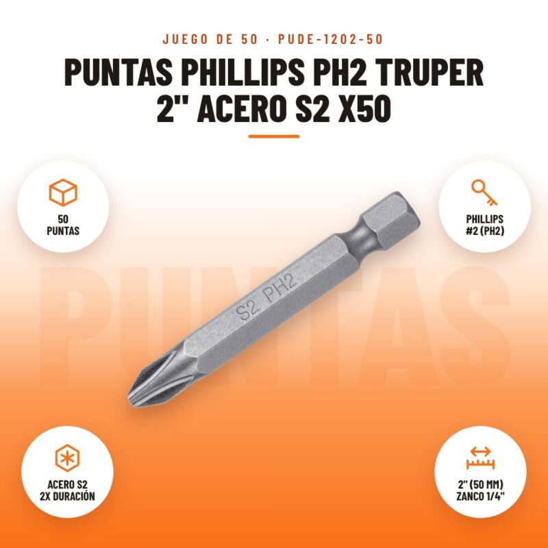 Puntas Phillips PH2 Truper 2" Acero S2 x50: imagen promocional con 50 puntas, phillips #2 (ph2), acero s2 2x duración, 2" (50 mm) zanco 1/4"