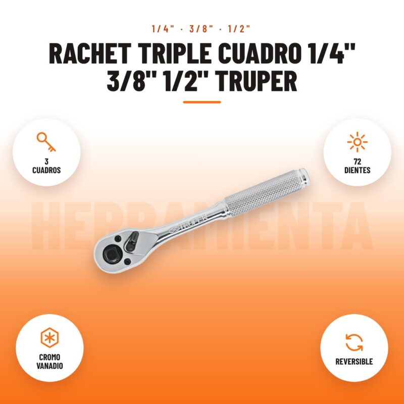 Rachet Triple Cuadro 1/4" 3/8" 1/2" Truper: imagen promocional con 3 cuadros, 72 dientes, cromo vanadio, reversible