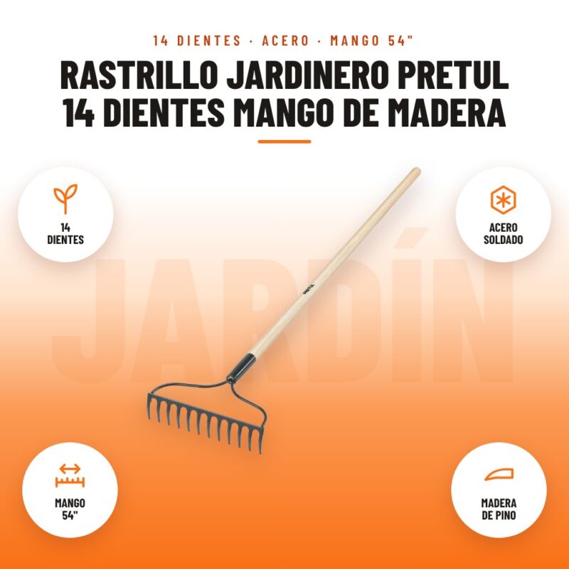 Rastrillo Jardinero Pretul 14 Dientes Mango de Madera: imagen promocional con 14 dientes, acero soldado, mango 54", madera de pino