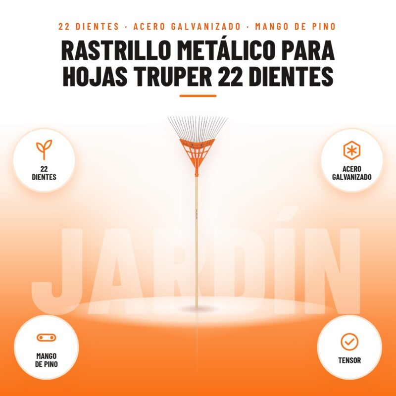 Rastrillo Metálico para Hojas Truper 22 Dientes: imagen promocional con 22 dientes, acero galvanizado, mango de pino, tensor