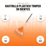 Rastrillo Plástico Truper 30 Dientes: imagen promocional con 30 dientes, cabeza 75 cm, mango 120 cm, garantía 12 meses