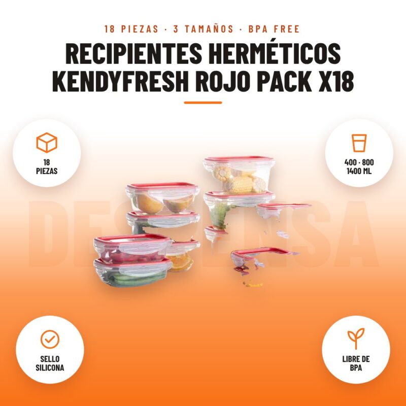 Recipientes Herméticos KendyFresh Rojo Pack x18: imagen promocional con 18 piezas, 400 · 800 1400 ml, sello silicona, libre de bpa