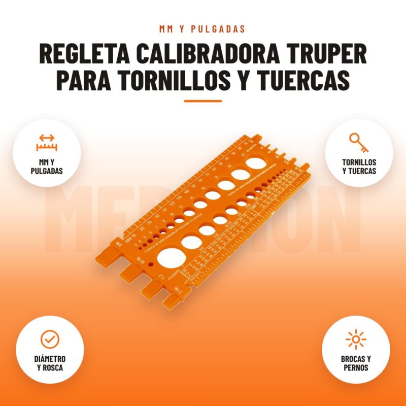 Regleta calibradora Truper para tornillos y tuercas: imagen promocional con mm y pulgadas, tornillos y tuercas, diámetro y rosca, brocas y pernos