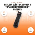 Regleta eléctrica Forza 6 tomas con protección y breaker: imagen promocional con 6 tomas, breaker 15 a, sobre- tensiones, certifi- cación ul