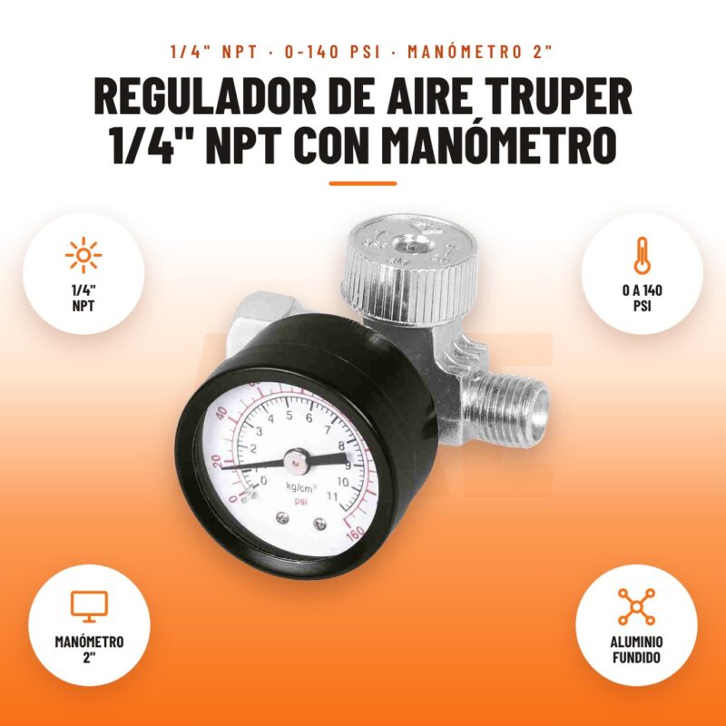 Regulador de Aire Truper 1/4" NPT con Manómetro: imagen promocional con 1/4" npt, 0 a 140 psi, manómetro 2", aluminio fundido