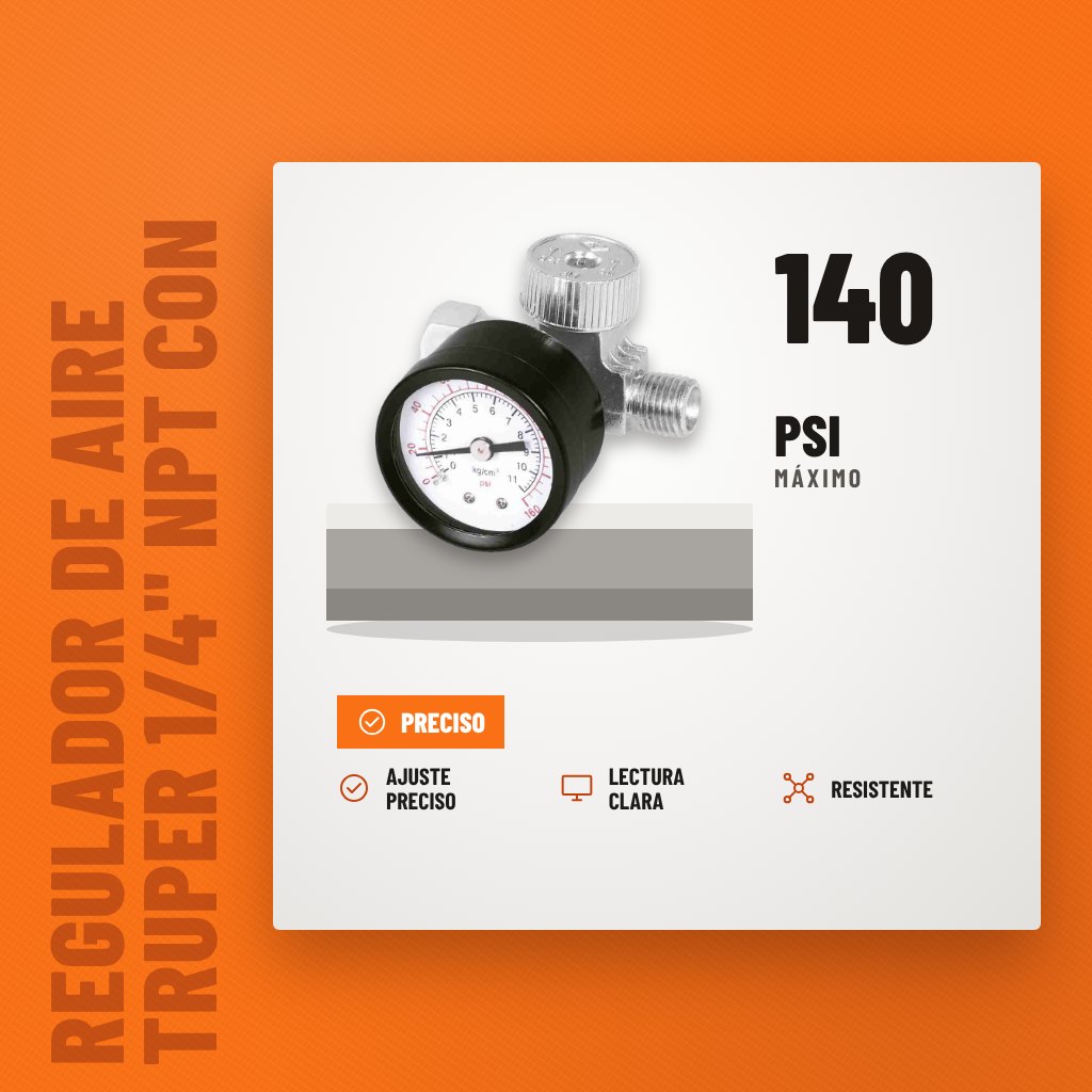 Regulador de Aire Truper 1/4" NPT con Manómetro sobre soporte con sus beneficios principales