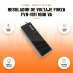 Regulador de Voltaje Forza FVR-1011 1000 VA: imagen promocional con 1000 va 500 w, 4 tomas nema, montaje en pared, garantía 12 meses