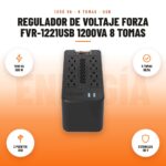 Regulador de Voltaje Forza FVR-1221USB 1200VA 8 Tomas: imagen promocional con 1200 va 600 w, 8 tomas nema, 2 puertos usb, estabiliza 110 v