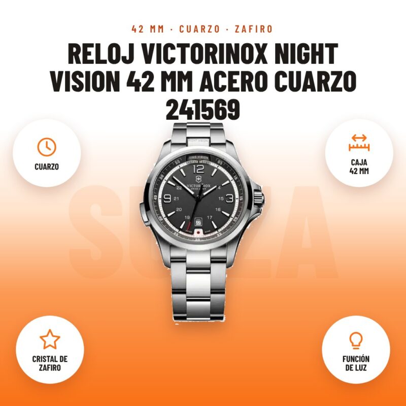 Reloj Victorinox Night Vision 42 mm acero cuarzo 241569: imagen promocional con cuarzo, caja 42 mm, cristal de zafiro, función de luz