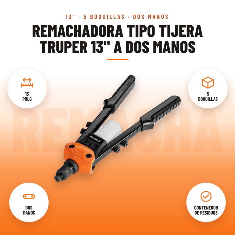 Remachadora Tipo Tijera Truper 13" a Dos Manos: imagen promocional con 13 pulg, 5 boquillas, dos manos, contenedor de residuos