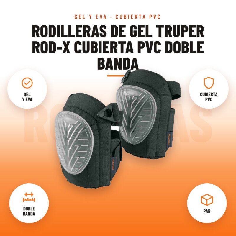 Rodilleras de Gel Truper ROD-X Cubierta PVC Doble Banda: imagen promocional con gel y eva, cubierta pvc, doble banda, par