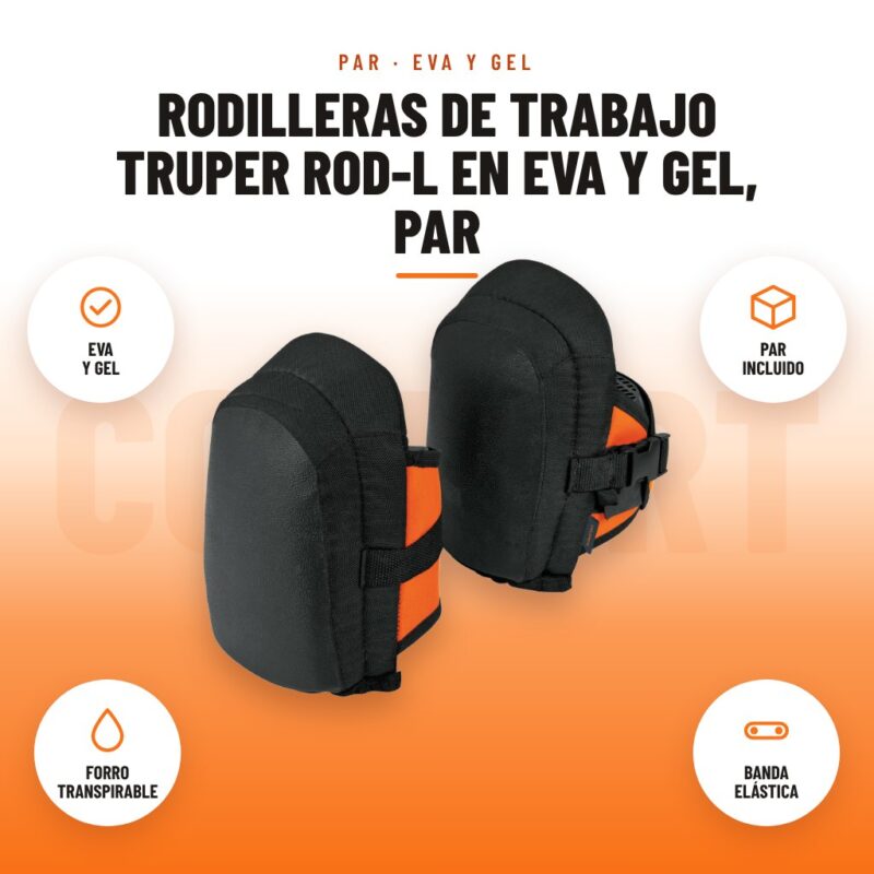 Rodilleras de Trabajo Truper ROD-L en EVA y Gel, Par: imagen promocional con eva y gel, par incluido, forro transpirable, banda elástica