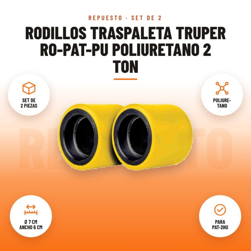 Rodillos Traspaleta Truper RO-PAT-PU Poliuretano 2 Ton: imagen promocional con set de 2 piezas, poliure- tano, ø 7 cm ancho 6 cm, para pat-2hu