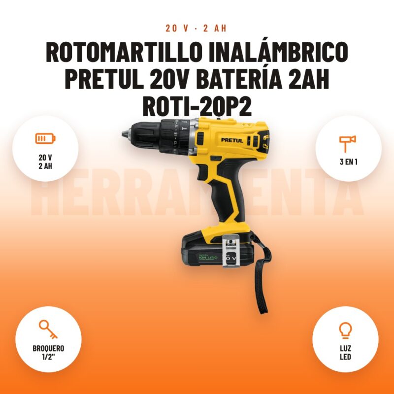Rotomartillo Inalámbrico Pretul 20V Batería 2Ah ROTI-20P2: imagen promocional con 20 v 2 ah, 3 en 1, broquero 1/2", luz led