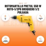 Rotomartillo Pretul 550 W ROTO-1/2P6 broquero 1/2 pulgada: imagen promocional con 550 w, broquero 1/2", taladro y rotomartillo, reversible