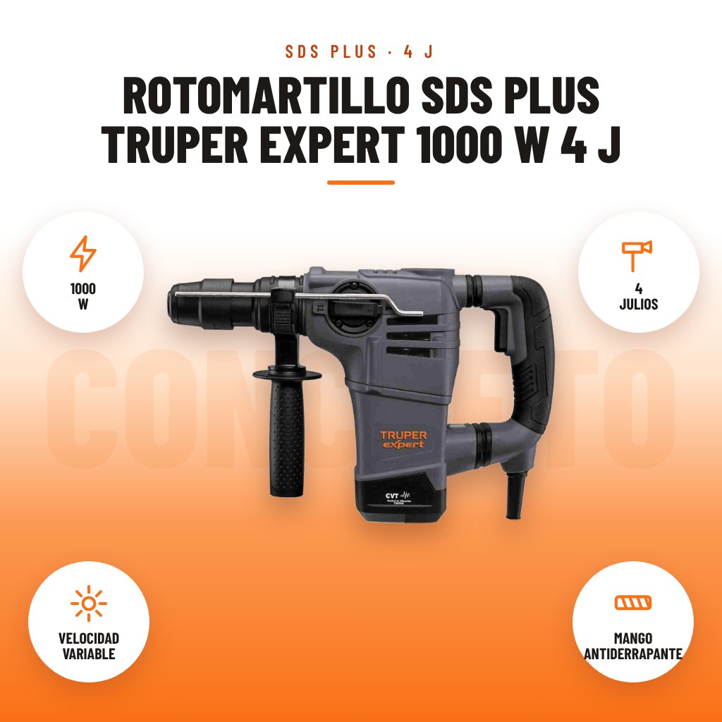 Rotomartillo SDS Plus Truper Expert 1000 W 4 J: imagen promocional con 1000 w, 4 julios, velocidad variable, mango antiderrapante