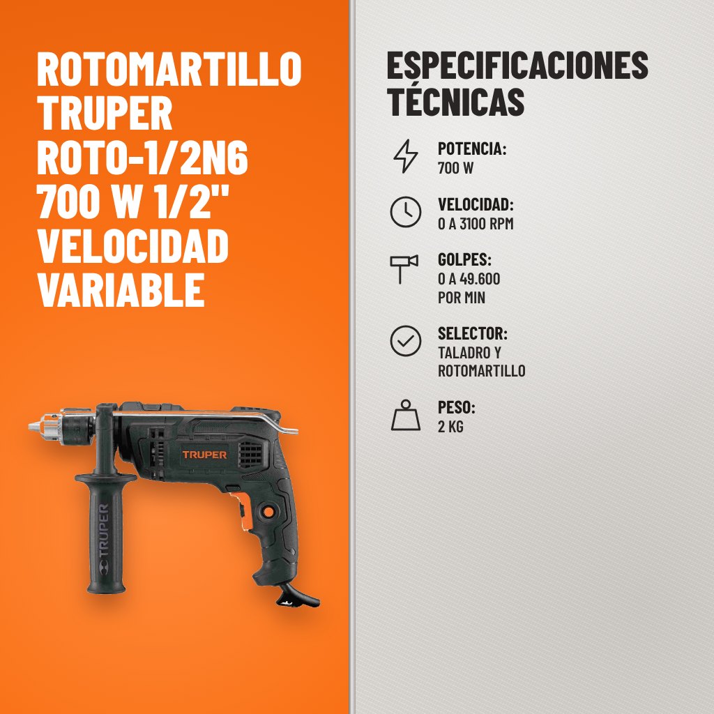 Especificaciones técnicas de Rotomartillo Truper ROTO-1/2N6 700 W 1/2" Velocidad Variable