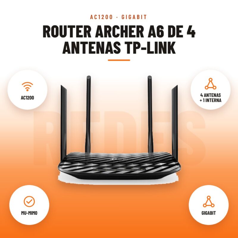 Router Archer A6 de 4 antenas Tp-link: imagen promocional con ac1200, 4 antenas + 1 interna, mu-mimo, gigabit