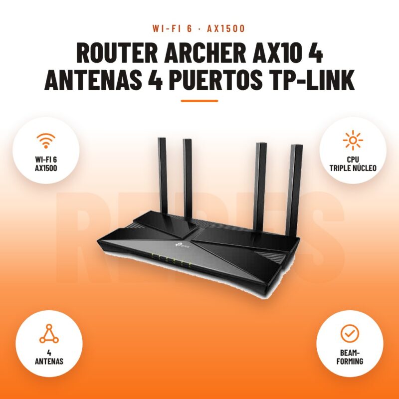 Router Archer AX10 4 Antenas 4 puertos Tp-link: imagen promocional con wi-fi 6 ax1500, cpu triple núcleo, 4 antenas, beam- forming