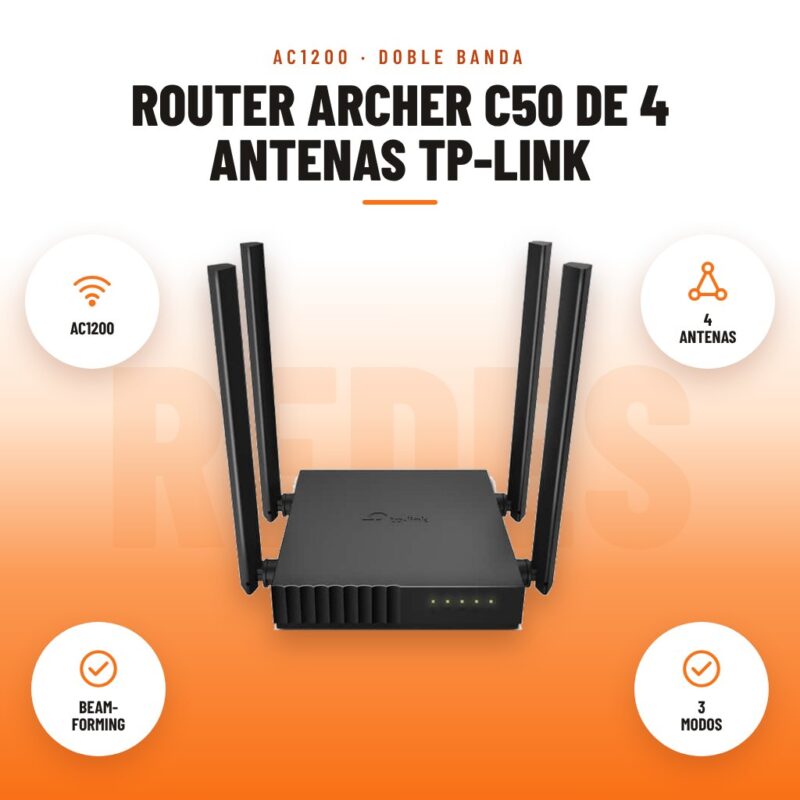 Router Archer C50 de 4 antenas Tp-link: imagen promocional con ac1200, 4 antenas, beam- forming, 3 modos