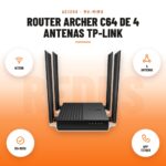 Router Archer C64 de 4 antenas Tp-link: imagen promocional con ac1200, 4 antenas, mu-mimo, app tether