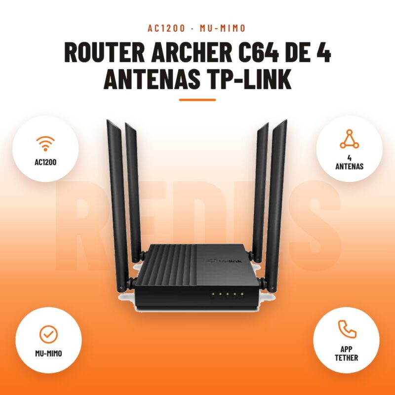 Router Archer C64 de 4 antenas Tp-link: imagen promocional con ac1200, 4 antenas, mu-mimo, app tether