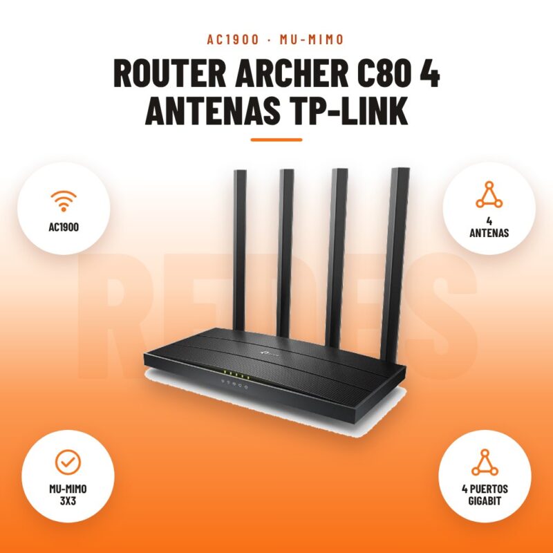 Router Archer C80 4 Antenas Tp-link: imagen promocional con ac1900, 4 antenas, mu-mimo 3x3, 4 puertos gigabit