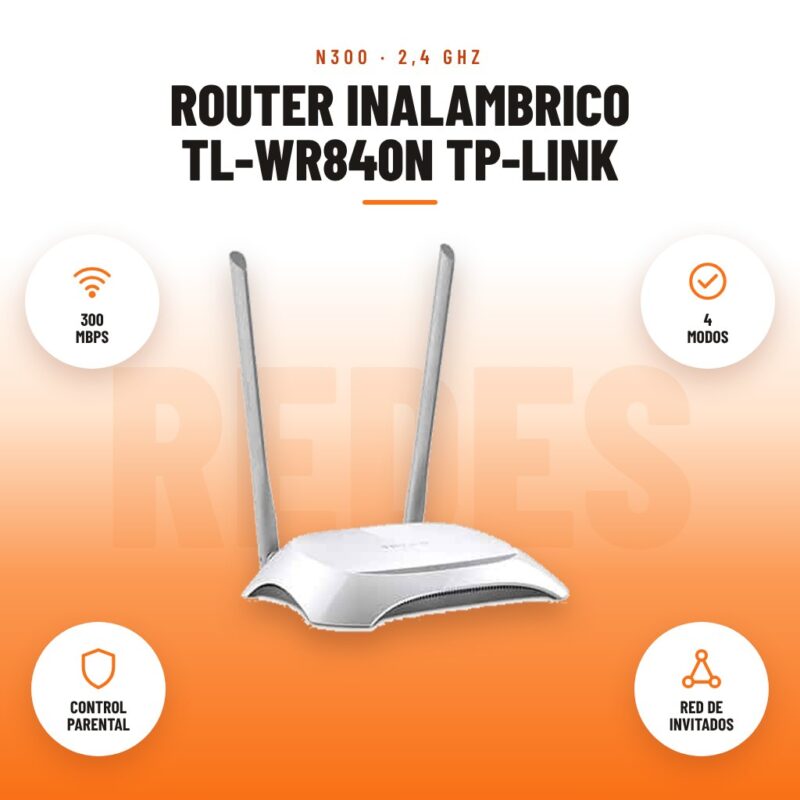 Router Inalambrico TL-WR840N TP-Link: imagen promocional con 300 mbps, 4 modos, control parental, red de invitados