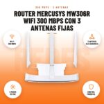 Router Mercusys MW306R WiFi 300 Mbps con 3 Antenas Fijas: imagen promocional con wi-fi 300 mbps, 3 antenas alta ganancia, 4 modos de uso, control parental
