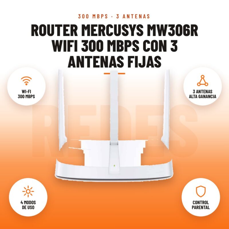 Router Mercusys MW306R WiFi 300 Mbps con 3 Antenas Fijas: imagen promocional con wi-fi 300 mbps, 3 antenas alta ganancia, 4 modos de uso, control parental