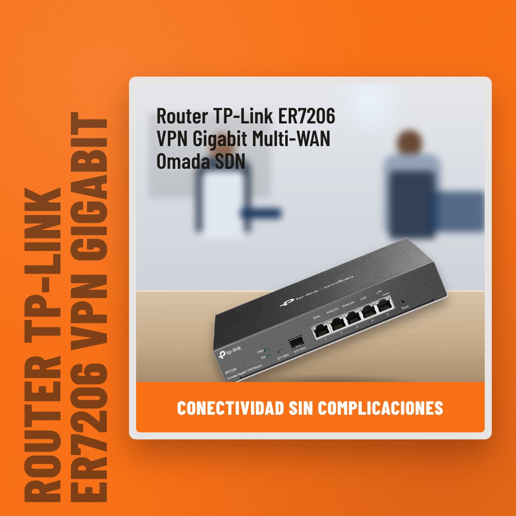 Router TP-Link ER7206 VPN Gigabit Multi-WAN Omada SDN en una oficina con un profesional al fondo