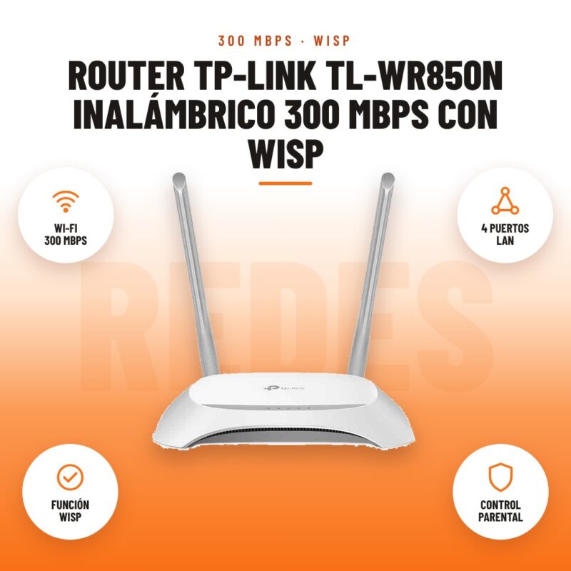 Router TP-Link TL-WR850N Inalámbrico 300 Mbps con WISP: imagen promocional con wi-fi 300 mbps, 4 puertos lan, función wisp, control parental