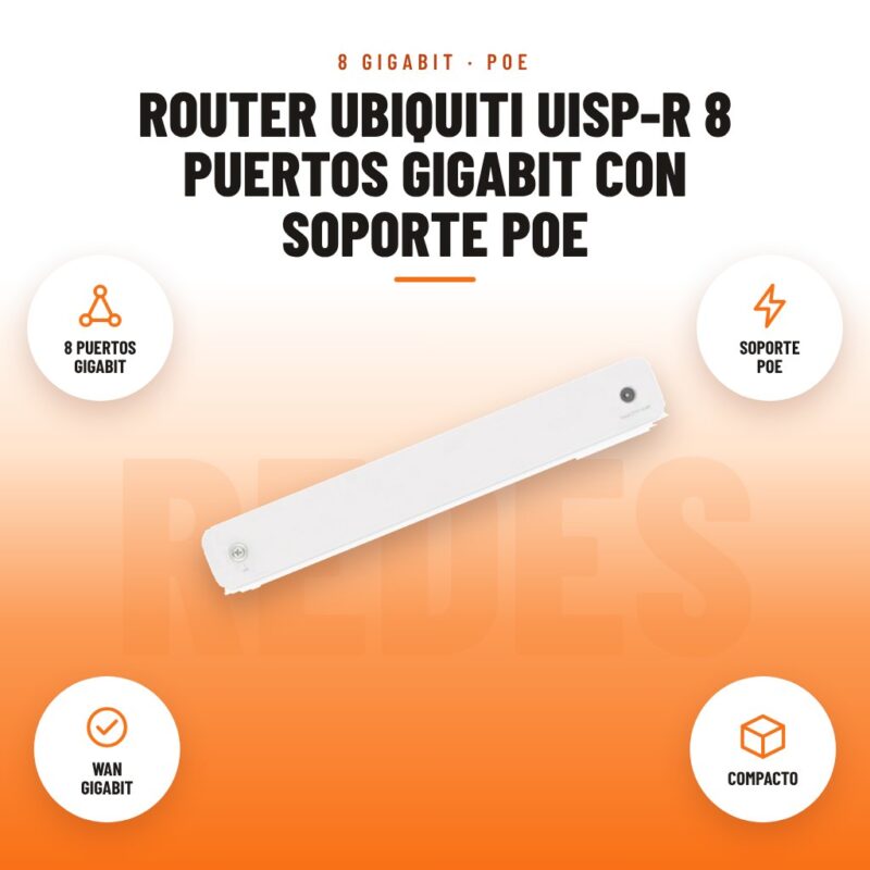 Router Ubiquiti UISP-R 8 Puertos Gigabit con Soporte PoE: imagen promocional con 8 puertos gigabit, soporte poe, wan gigabit, compacto