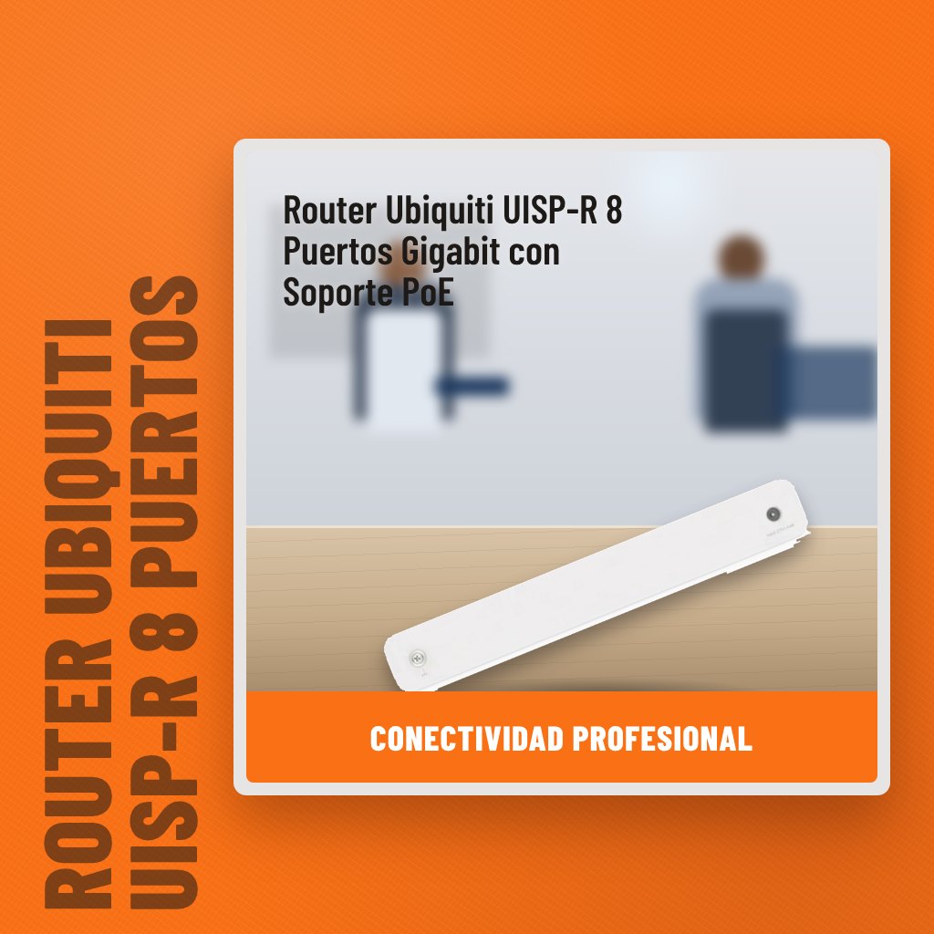 Router Ubiquiti UISP-R 8 Puertos Gigabit con Soporte PoE en una oficina con un profesional al fondo