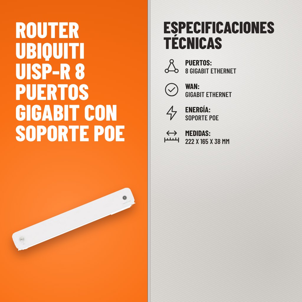 Especificaciones técnicas de Router Ubiquiti UISP-R 8 Puertos Gigabit con Soporte PoE