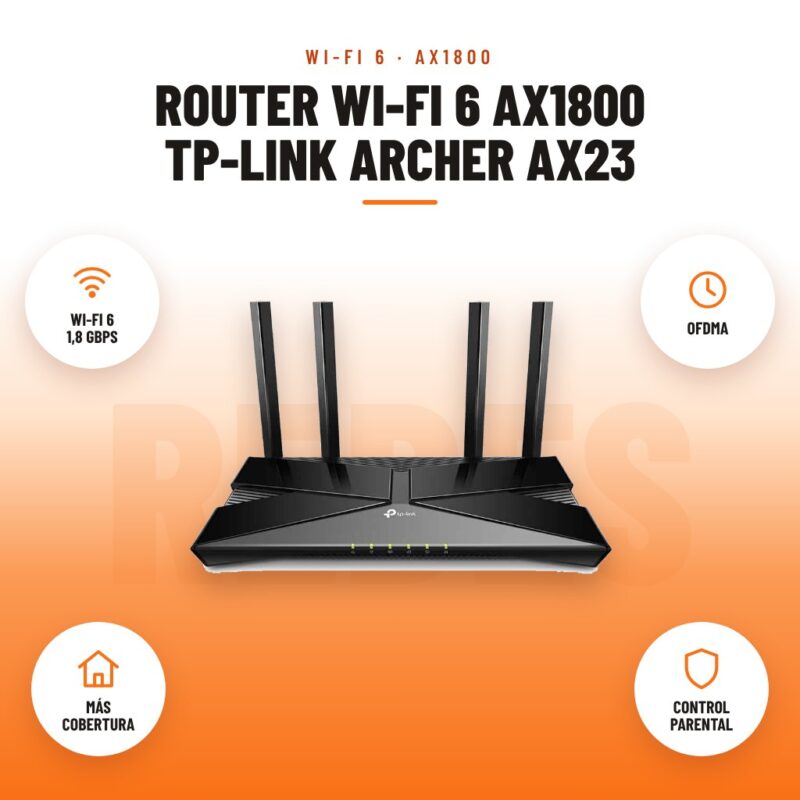 Router Wi-Fi 6 AX1800 TP-Link Archer AX23: imagen promocional con wi-fi 6 1,8 gbps, ofdma, más cobertura, control parental