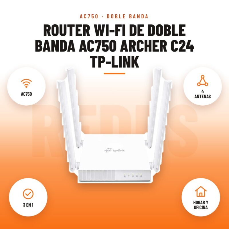 Router Wi-Fi de doble banda AC750 Archer C24 TP-Link: imagen promocional con ac750, 4 antenas, 3 en 1, hogar y oficina