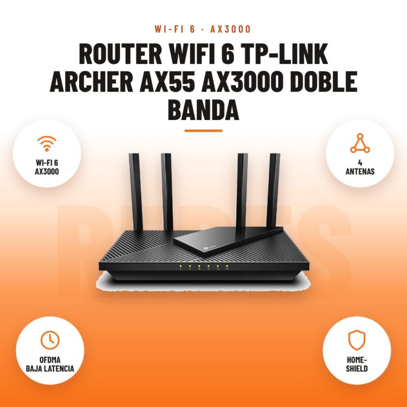 Router WiFi 6 TP-Link Archer AX55 AX3000 Doble Banda: imagen promocional con wi-fi 6 ax3000, 4 antenas, ofdma baja latencia, home- shield