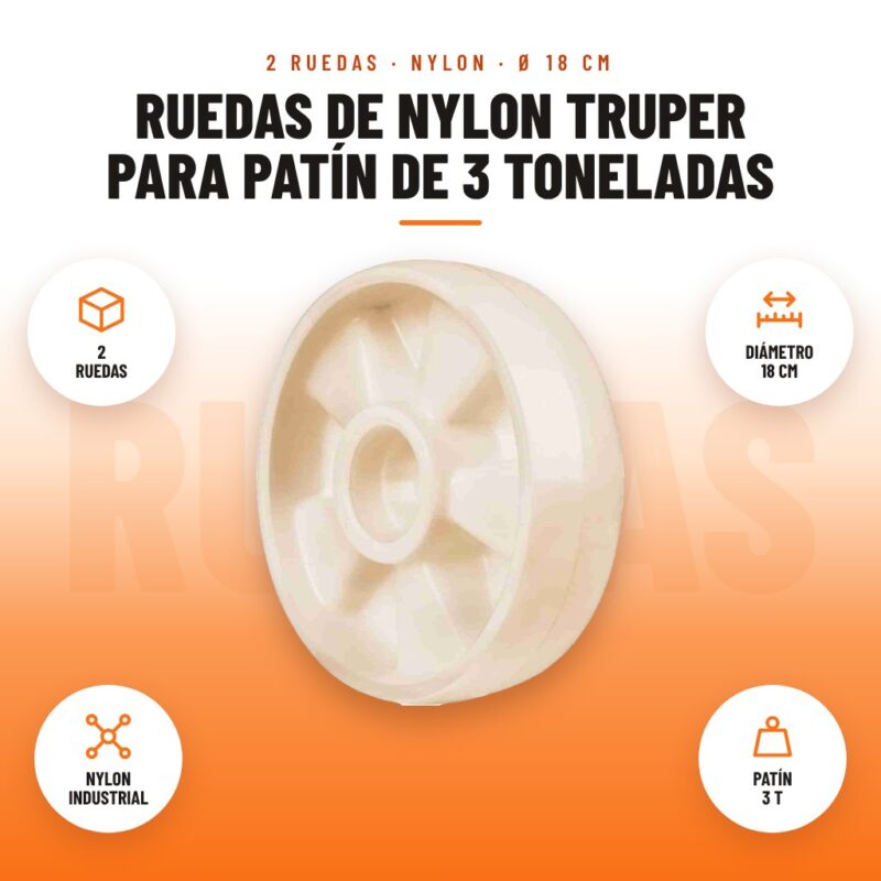 Ruedas de Nylon Truper para Patín de 3 Toneladas: imagen promocional con 2 ruedas, diámetro 18 cm, nylon industrial, patín 3 t