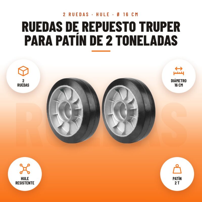 Ruedas de Repuesto Truper para Patín de 2 Toneladas: imagen promocional con 2 ruedas, diámetro 16 cm, hule resistente, patín 2 t