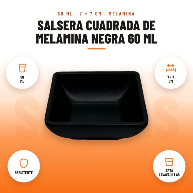 Salsera Cuadrada de Melamina Negra 60 ml: imagen promocional con 60 ml, 7 × 7 cm, resistente, apta lavavajillas