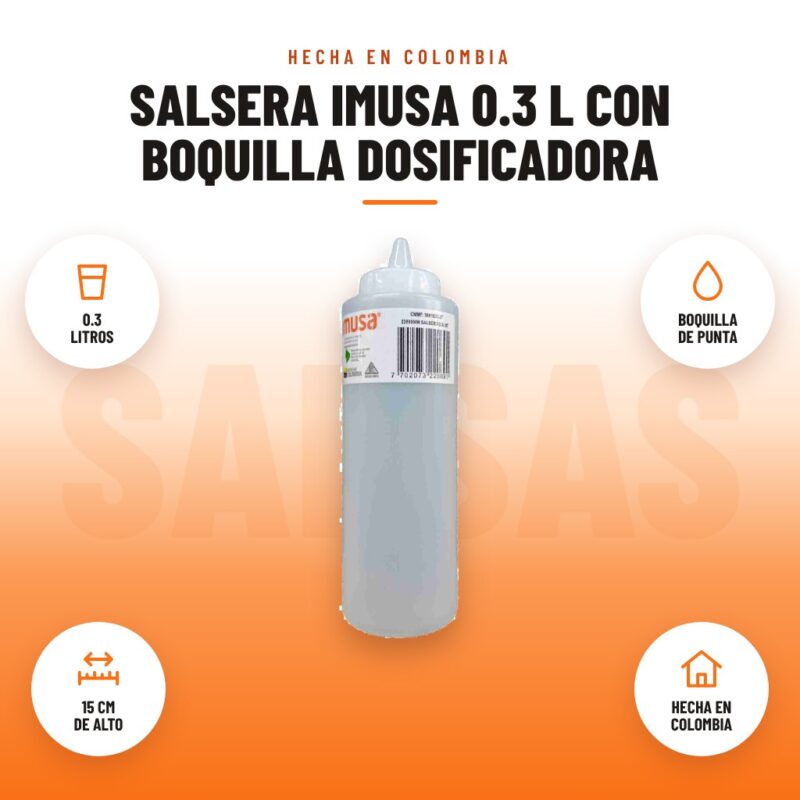 Salsera Imusa 0.3 L con Boquilla Dosificadora: imagen promocional con 0.3 litros, boquilla de punta, 15 cm de alto, hecha en colombia