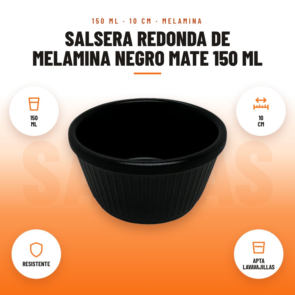 Salsera Redonda de Melamina Negro Mate 150 ml: imagen promocional con 150 ml, 10 cm, resistente, apta lavavajillas