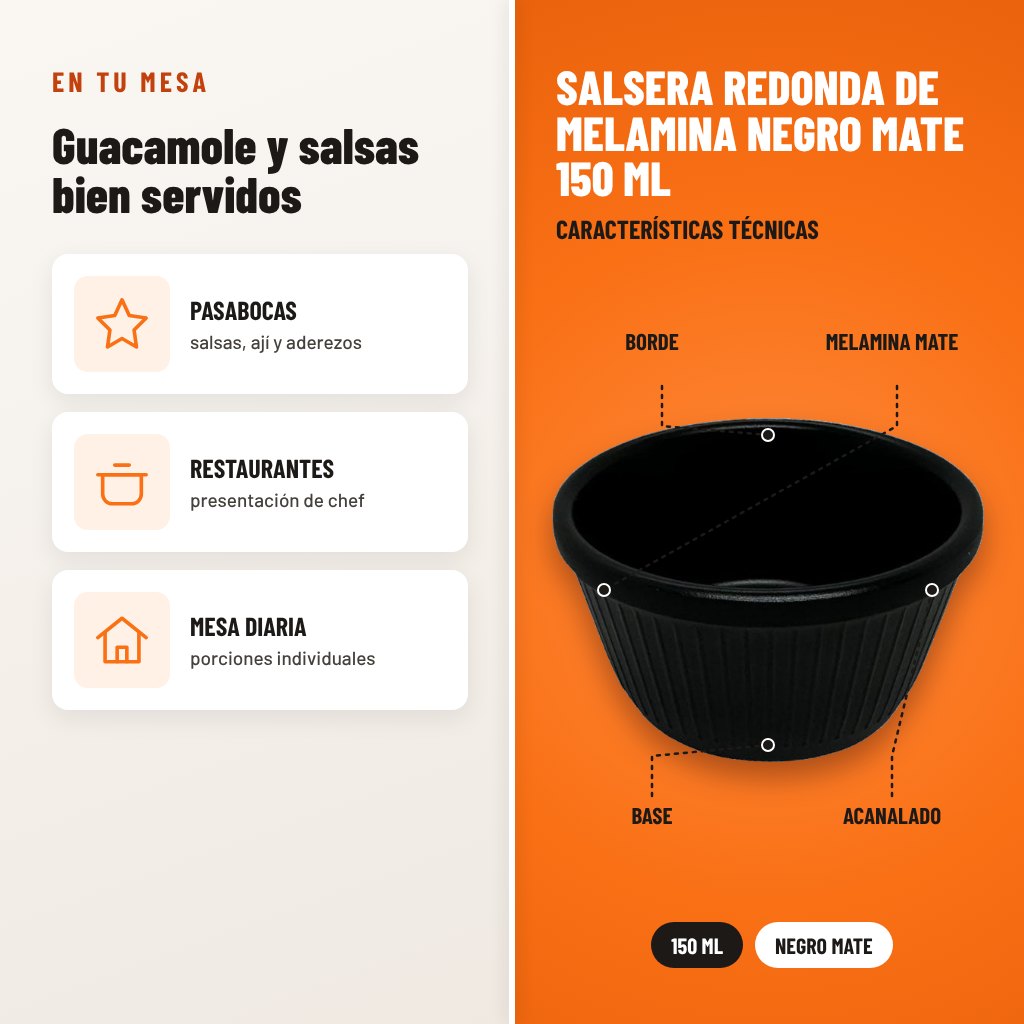 Salsera Redonda de Melamina Negro Mate 150 ml: usos y características técnicas señaladas