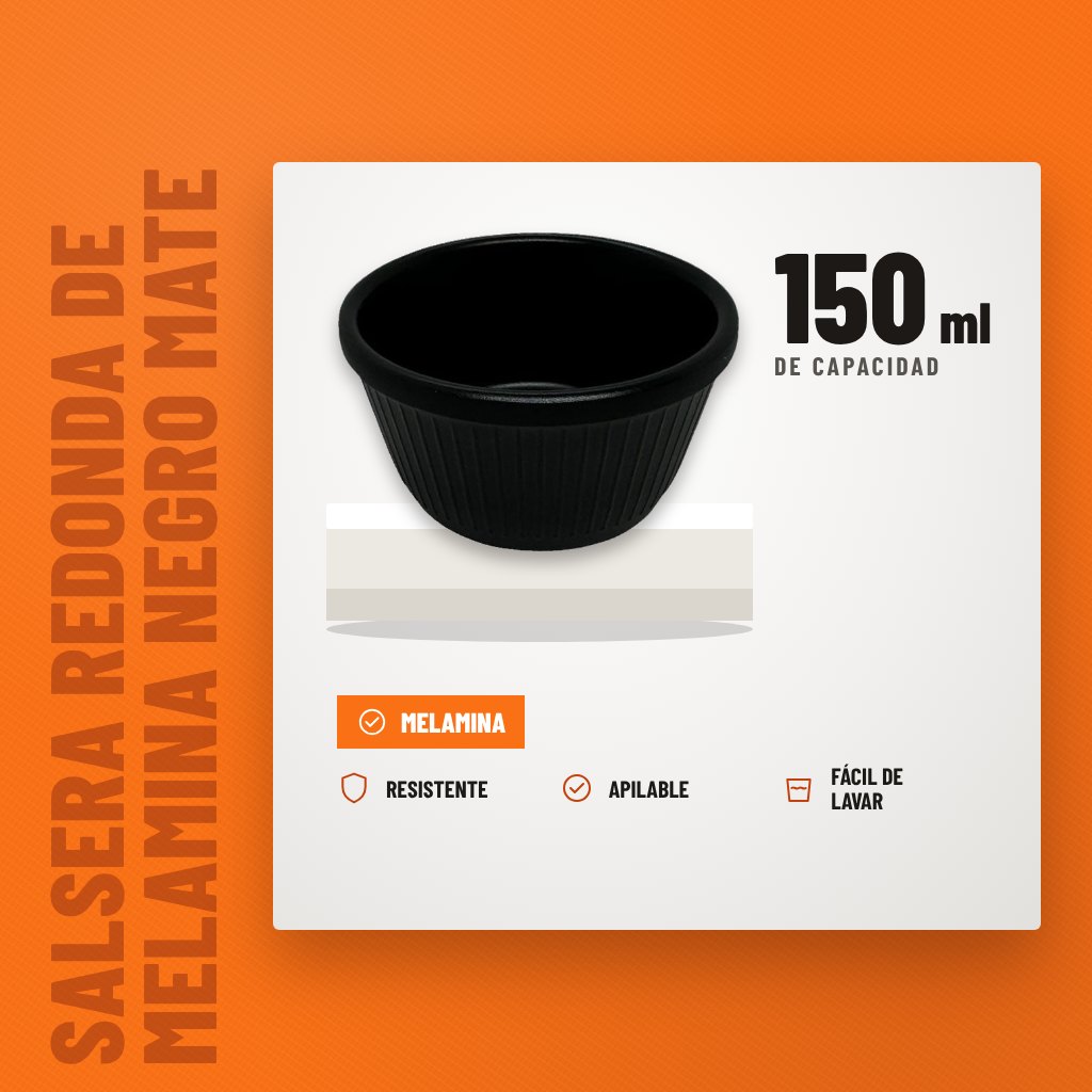 Salsera Redonda de Melamina Negro Mate 150 ml sobre soporte con sus beneficios principales